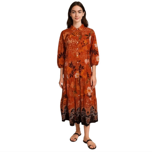 Anthropologie Figueroa & Flower Floral Tiered Midi Length Dress Size Large - Picture 1 of 9